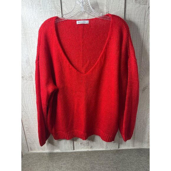 Misslook Womens Red V-Neck Knit Sweater Acrylic Long Sleeve Pullover Size M - Picture 1 of 8